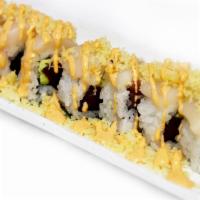 Pearl Harbor Roll · Tuna & avocado topped with scallop, crunch, spicy mayo.