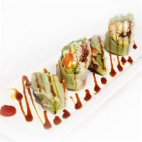 Spring Spider Roll · Fried soft shell crab, cucumber, avocado & lettuce, daikon,  spicy eel sauce wrapped in rice...