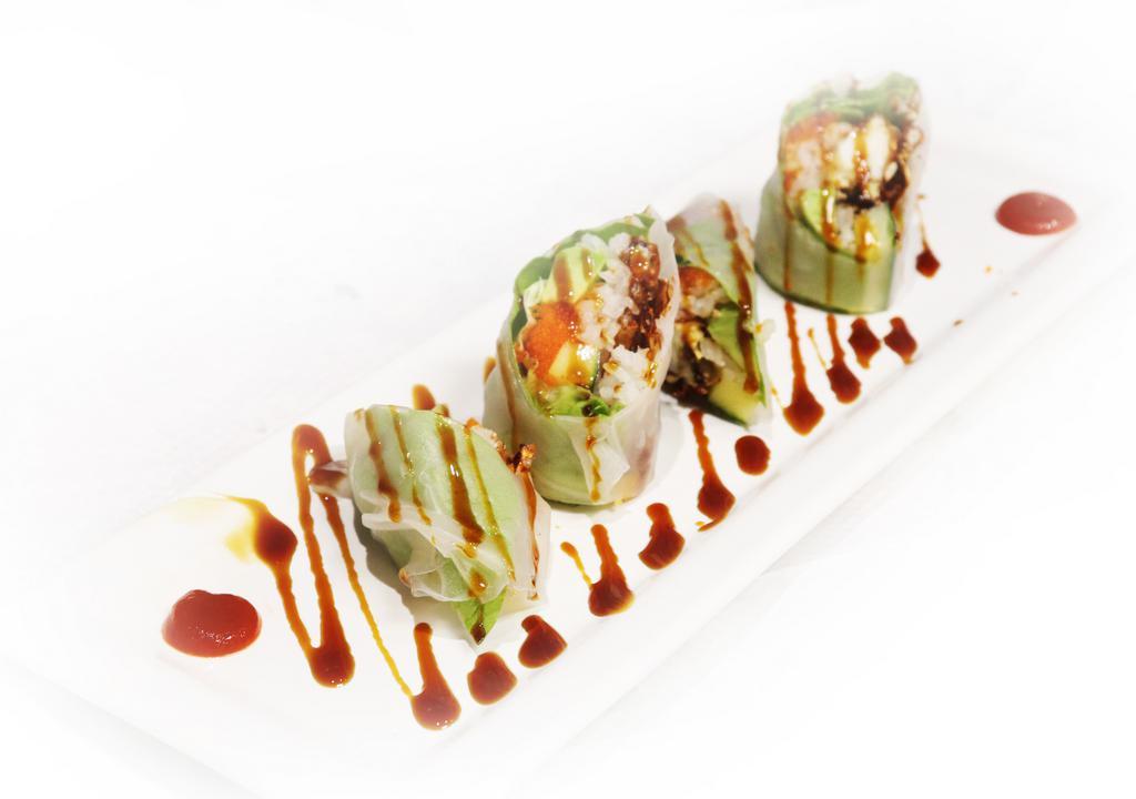 Spring Spider Roll · Fried soft shell crab, cucumber, avocado & lettuce, daikon,  spicy eel sauce wrapped in rice paper