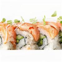 Aburi Salmon Roll · Cucumber, avocado, asparagus, oba & seared salmon topped with garlic soy.