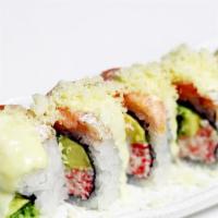 Tropical Roll · Cucumber,   crab & avocado topped with lemon pepper seared salmon wasabi mayo and potato cru...