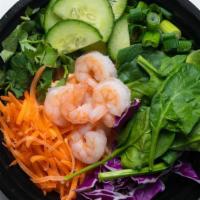 Honey - Garlic Shrimp Bowl · Two Scoops Of Chilled Shrimp, Honey-garlic Ponzu Sauce, Spicy Mayo Sauce (Gluten Free) (Soy ...