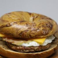 French Toast Sausage Bagel Breakfast Sandwich · French Toast Bagel Breakfast Sandwich with egg sausage and bacon. These need to be reheated ...