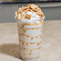Cinnamon Toast Crunch Frappe · Made with white coffee, topped with whip and cereal.