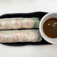 Spring Rolls (2) · Rice paper wrapped with shrimp, pork, vermicelli noodles, lettuce. Served with peanut dippin...