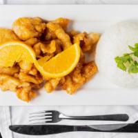 105C. Orange Chicken · Lightly fried chicken in a sweet and tangy sauce served with rice.