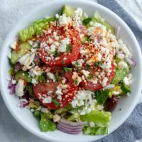 Greek Salad · Fresh romaine lettuce, Roma tomato, red onion, feta cheese, olive & cucumber. Served with wa...