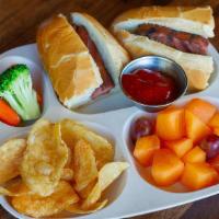 Kids Tender Belly Mini Hot Dogs · Served with Fruit & Your Choice of Side