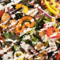 Rabbits Salad · Red Leaf Lettuce, Red Onions, “Baco” Bits, sliced Hot Peppers, Tomatoes, Croutons and our Si...