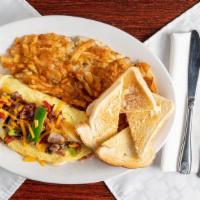 Meat Lovers · Our savory three egg omelette freshly made with bacon, ham, sausage, onions and peppers, and...