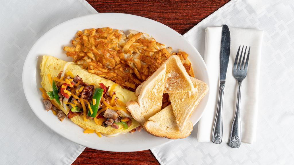 Meat Lovers · Our savory three egg omelette freshly made with bacon, ham, sausage, onions and peppers, and Cheddar cheese. Side of hash browns or homemade seasoned potatoes and choice of toast.

Consuming raw or undercooked meets, poultry, seafood, shellfish, or eggs may increase your risk of food born illnesses.