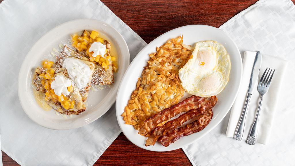 Make It A Combo · Add hash browns or home potatoes, two eggs* your style, and choice of meat to your crepe order!