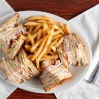 Club House · Thinly sliced turkey breast, mayo, bacon, Swiss cheese, tomatoes, and lettuce. Served on who...