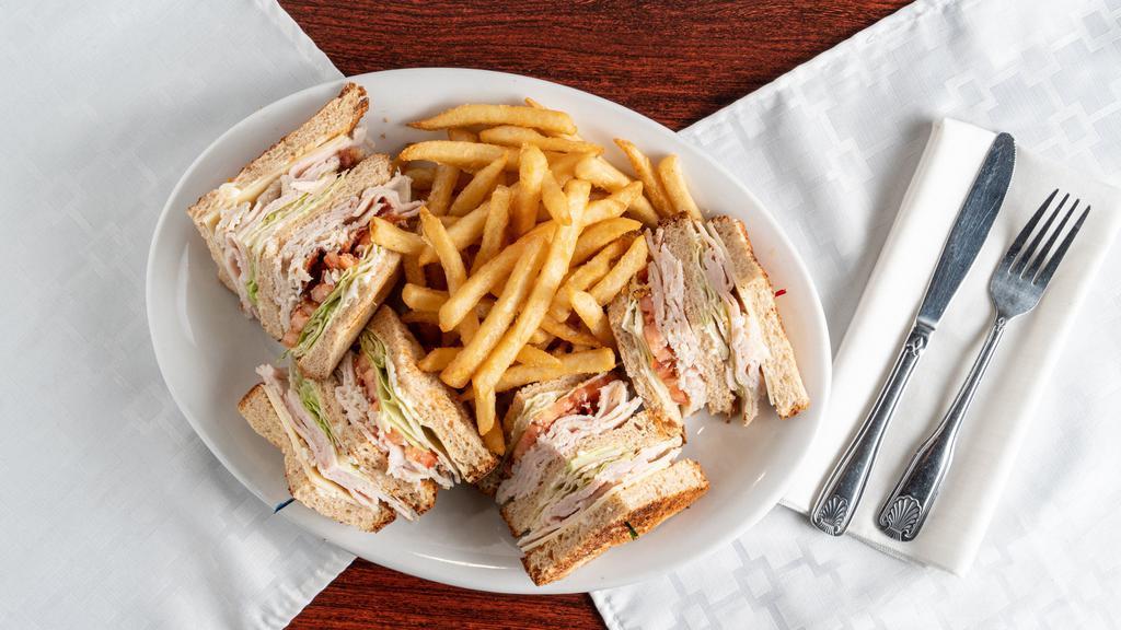 Club House · Thinly sliced turkey breast, mayo, bacon, Swiss cheese, tomatoes, and lettuce. Served on whole wheat bread.