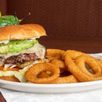 South Of The Border Burger · 8 oz. Certified Angus beef patty* with Jack cheese, onions, tomatoes, lettuce, pickles, avoc...