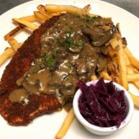 Jager Schnitzel · Choice of either chicken or pork. Served with creamy mushroom sauce, red cabbage, and your c...