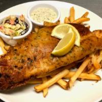 Fish & Chips · Wild-caught pangasius fried in our house-made beer batter. Served with tartar sauce, colesla...