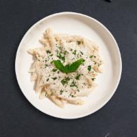 Alfredo Pasta · (Vegetarian) Fresh Cavatappi pasta cooked in a alfredo sauce and topped with black pepper, p...