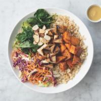 Miso Chicken Bowl · Grilled chicken, spiced Sweet Potatoes, cabbage blend topping, toasted almonds, sauteéd orga...