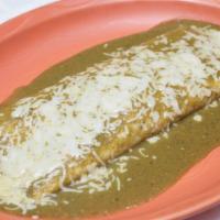 Burrito Amigo  · A flour tortilla filled with pork chile verde, Spanish rice, & refried beans. Topped with me...