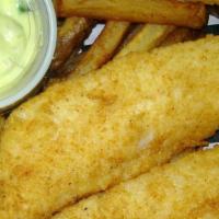 Fish & Chips · Hand-breaded flaky white fish fried to golden, served with hand-cut fries, tartar sauce and ...