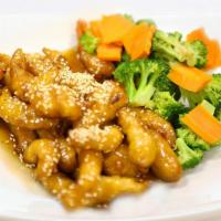 Sesame Chicken · Served with steamed veggie and white rice