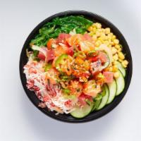 #1 Ahi Tuna And Salmon  · Mix-ins: Imitation Crab, Cucumber, Corn and Seaweed