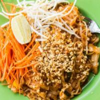 Pad Thai · Pan fried rice noodles, bean sprouts, green onions, egg, and topped with ground peanuts