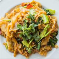 Pad See Ew · Pan fried wide rice noodles, Chinese broccoli, egg, carrot, sweet soy sauce, cilantro, and b...