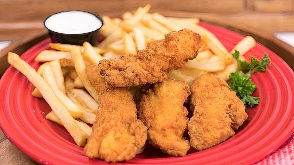 4 Pieces Chicken Tenders Combo · Home Styled Crispy Chicken Tenders. Served w/ a Side of  French Fries,
Combo comes with Your Choice of a Side & Drink
