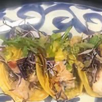 Grilled Mahi Taco · Three citrus marinated grilled wild Mahi tacos with fresh guacamole, cabbage & tropical mang...