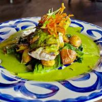 Grilled Mahi · Grilled Mahi with skillet marble potatoes, garlic spinach, micro cilantro, poblano peppers &...