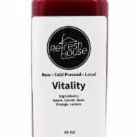 Vitality · Aim for Vitality.
16 oz.
Ingredients: Apple, Carrot, Beet, Lemon