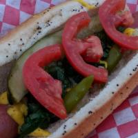 Chicago Dog · Yellow Mustard, Onion, Neon Green Relish, Sport Peppers, Pickle Spear, Tomato, Celery Salt, ...