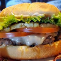 Teriyaki Burger · Swiss cheese, fresh pineapple, lettuce, tomato, mayo and teriyaki sauce.