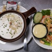 Soup/Caesar · A bowl of soup - chicken noodle or clam chowder. Served with the classic Caesar salad.