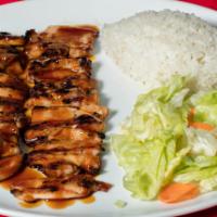 Chicken Teriyaki · Grilled chicken with teriyaki sauce. Served with rice and salad w/ house dressing.