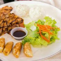 Chicken & Gyozas · Chicken teriyaki and deep fried gyoza combo. Served with rice and salad w/ house dressing.