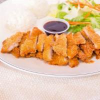 Chicken Katsu · Deep fried chicken. Served with rice and salad w/ house dressing.