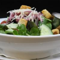 Pub Green (Half Salad) · Mixed lettuce, grape tomatoes, cucumber, marinate onions, croutons, parmesan cheese, your ch...