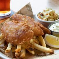 Ale Battered Fish & Chips · Wild Alaskan cod, fresh cut fries, tartar sauce and buttermilk coleslaw.