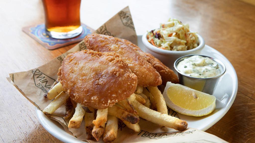 Ale Battered Fish & Chips · Wild Alaskan cod, fresh cut fries, tartar sauce and buttermilk coleslaw.