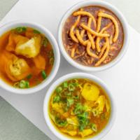 Wonton Soup  · delicious soup with 6 pieces of meat wontons and some crispy noodles(separate bag)