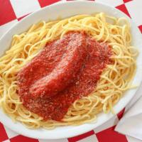 Spaghetti Dinner · Linguini noodles covered with marinara sauce, served with  homemade meatball and garlic bread.