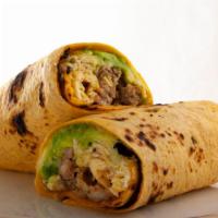 Shredded Beef (Machaca) Breakfast Burrito · Freshly shredded beef topped on sizzling scrambled eegs, chopped bell peppers, grilled onion...