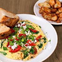 Three Cheese Tomato & Mushroom Frittata · eggs, swiss, all-natural feta, goat cheese, spinach, scallions & served with artisan toast &...