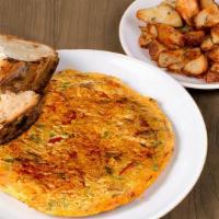 Spicy Sausage & Swiss Frittata · eggs, sausage, swiss, roasted red bell peppers, scallions, sriracha, paprika & served with a...