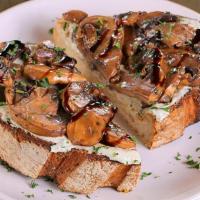 Marinated Mushrooms & Herb Cheese Toast · marinated mushrooms & herb chèvre with parsley & balsamic glaze