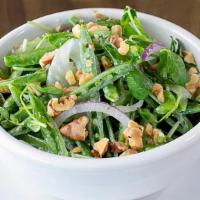 Snap Peas+ · pea shoots, marinated fennel, red onions, basil & toasted walnuts with lemon ricotta dressing