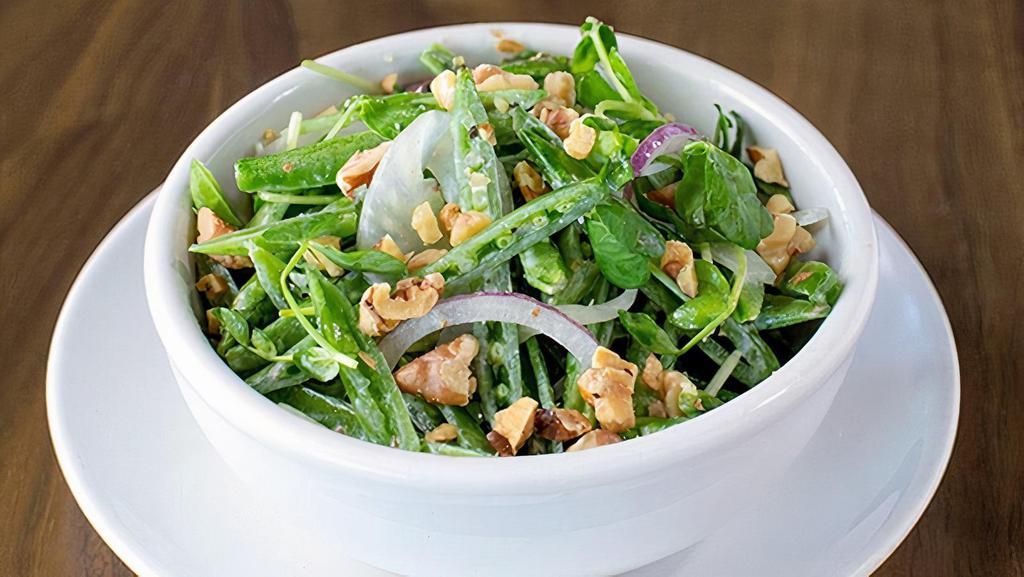 Snap Peas+ · pea shoots, marinated fennel, red onions, basil & toasted walnuts with lemon ricotta dressing